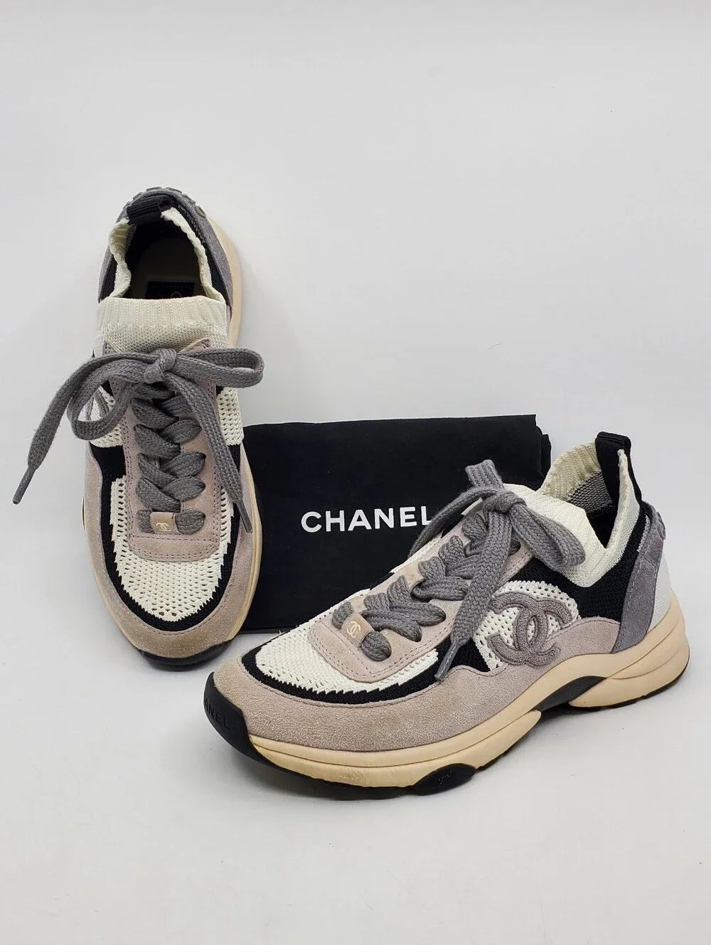 Chanel CC Low Top Suede And Knit Mesh Sneakers